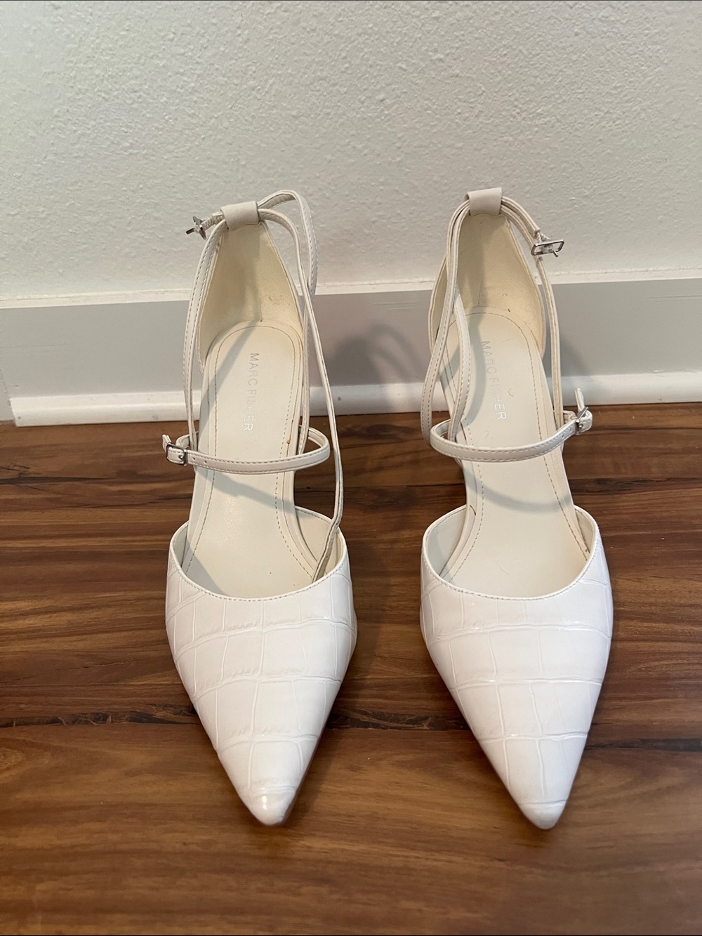 Marc Fisher White Faux-Croc Pointed Toe Ankle-Strap Heels